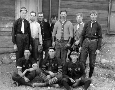 Baseball was a popular sport, and thus the Poncha Springs Orioles of about 1907. Standing, left to right, are unknown, Booth, catcher Bailey Forbes Hutchinson, Collins, John Clinite, L. Brown, and Elbert Brown. In the front are Bert Rogers, ace pitcher Harold Woods (who went on to star in the old Western League), and Jim Woods.
