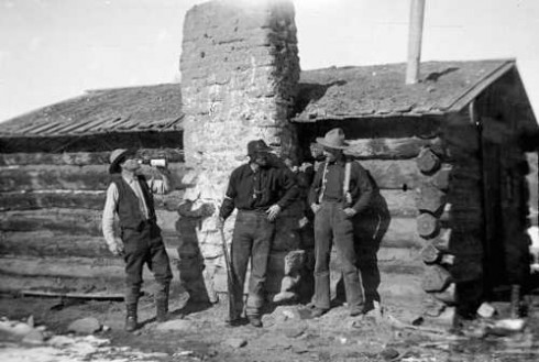 Although it appears that they should be fixing the cabin roof, they had other things to do. From left to right, Harold Hutchinson (Wendell's grandfather), an unidentified ranch hand, and John Arthur 'Art' Hutchinson (Wendell's great-uncle).