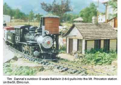 Tim Dannel's outdoor G scale Baldwin 2-8-0 pulls into the Mt. Princeton Station on the St. Elmo Run