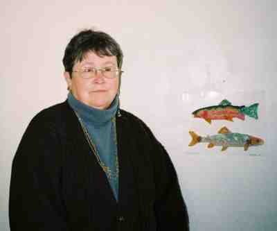 Jane Rhett with one of her beadwork pieces, 'My kind of fish.'