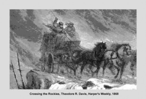 Stagecoach in Rocky Mountain winter from Harper's Weekly in 1868