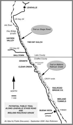 Possible route for trail, partly following old stage road.