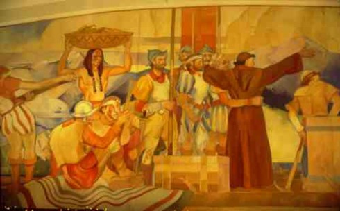 Part of a mural, "Naming of the Sangre de Cristo Mountains."