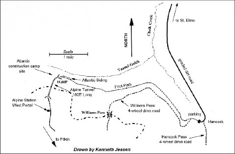 The east portal of the Alpine Tunnel can be reached by driving to the end of the Chalk Creek Canyon Road and parking near the ghost town of Hancock.  A three mile long trail leads to the tunnel site.  (Map drawn by Kenneth Jessen)