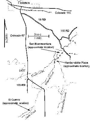 Map with El Cuervo, Hardscrabble, and San Buenaventura