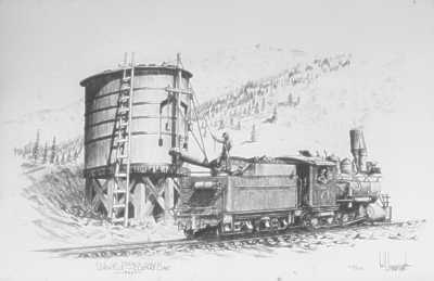 Graphite drawing of C&S narrow-gauge locomotive at French Gulch water tank.