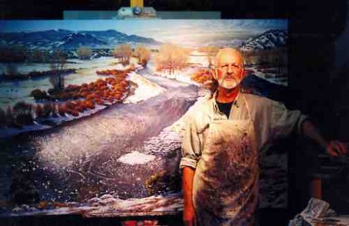 Charles Frizzell with his painting Cogan's Bend, oil on canvas, 48 in x 72 in