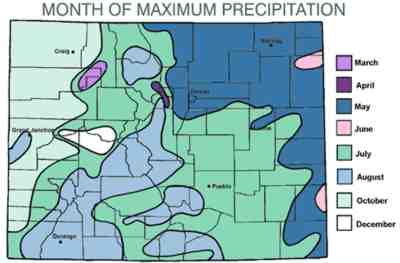 Months of maximum precipitation in Colorado