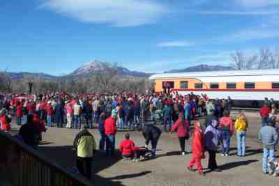 An enthusiastic crowd greets the train in La Veta.