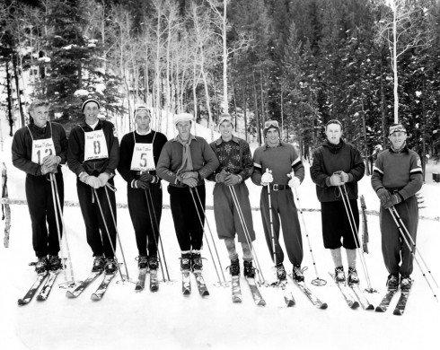 The 1951 WSC (now WSCU) ski team. L to R, Frank LeFevre of Gunnison; Craig Izett of Denver; George Arnis of Leadville; Sven Wiik, team coach and two-time U.S. Olympic coach; Mack Miller from Idaho; Dolf Kuss of Leadville; and Team Manager Gene Brockway of Glenwood Springs.