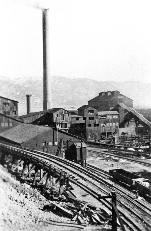 The smelter is in full operation in this photo taken sometime in the late teens or early 1920s. Notice the shorter, 85-foot stack which was demolished in the late 1920s. Photo courtesy of the Salida Regional LIbrary.