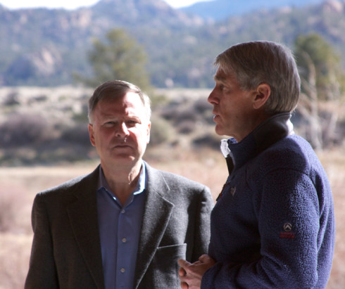 A rare Chaffee County sighting of 5th District Rep. Doug Lamborn. He was a guest of Colorado Sen. Mark Udall (right) who hosted a public listening session on April 13 in Nathrop for Udall’s draft proposal for the Browns Canyon National Monument and Wilderness Area, part of which is visible in the background. Photo by Mike Rosso.