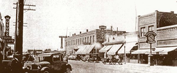 The Velhagen Clock (at far right) circa 1927, Alamosa, looking southwest from Main and State Streets. 