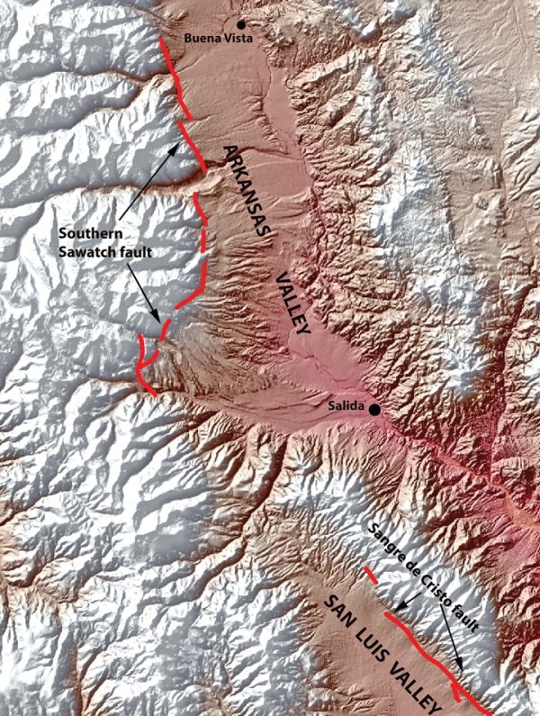 This regional map shows the location of two of the faults (red lines) that are in the National Earthquake Hazard Map (USGS): Southern Sawatch fault and Sangre de Cristo fault. Courtesy of the author.
