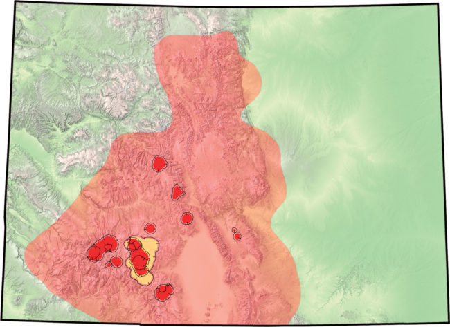 Estimates are that two-thirds of the mountainous area of Colorado was covered with volcanic deposits during the 12-million-year-long caldera phase of eruptions. Light red are volcanic deposits, dark red are calderas, and tan is La Garita caldera (the world’s largest). Map by Vince Matthews.