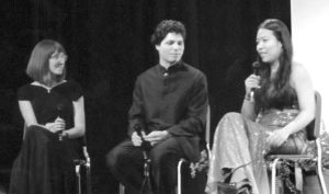 Katie Wiltgen, Aspen Coordinator, Augustin Hadelich, violinist; and Joyce Yang, pianist during the preconcert talk in 2015.