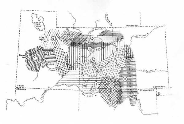 Distribution of Ute Indian bands: 1. Pahvant, 2. Moanunt, 3. Sanpits, 4. Timpanogots, 5. Uintah, 6. Seuvarits, 7. Yampa, 8. Parianuche, 8a. Sabuagana, 9. Tabeguache, 10. Weenuche, 11. Capote, 12. Muache. © University Press of Colorado.