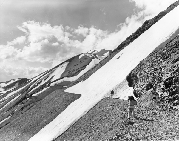 Yule Pass Road on the Crested Butte side at 11,200 feet. Head of the Slate River which runs south. Photo by Dave Gaskill, 1951.