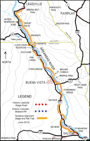 Current concept map of the  Arkansas River Stage and Rail Trail – June 2014, Subject to change with further input. Photos and map courtesy of the author.
